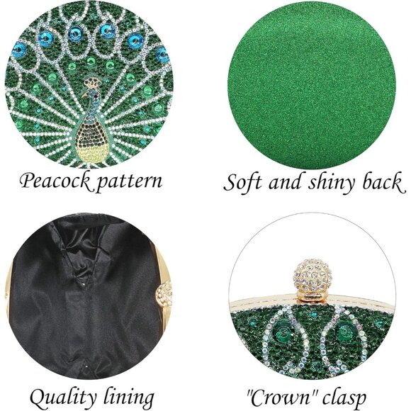Women's Green Peacock Sparkly Rhinestone Clutch Luxury Diamond Peacock Handbag - Picture 4 of 7